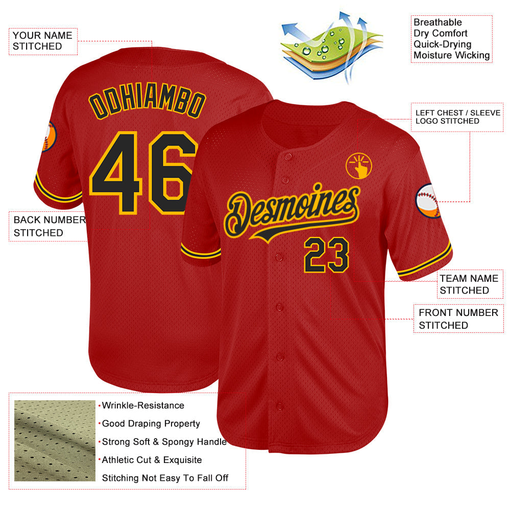Custom Red Black-Gold Mesh Authentic Throwback Baseball Jersey view 3