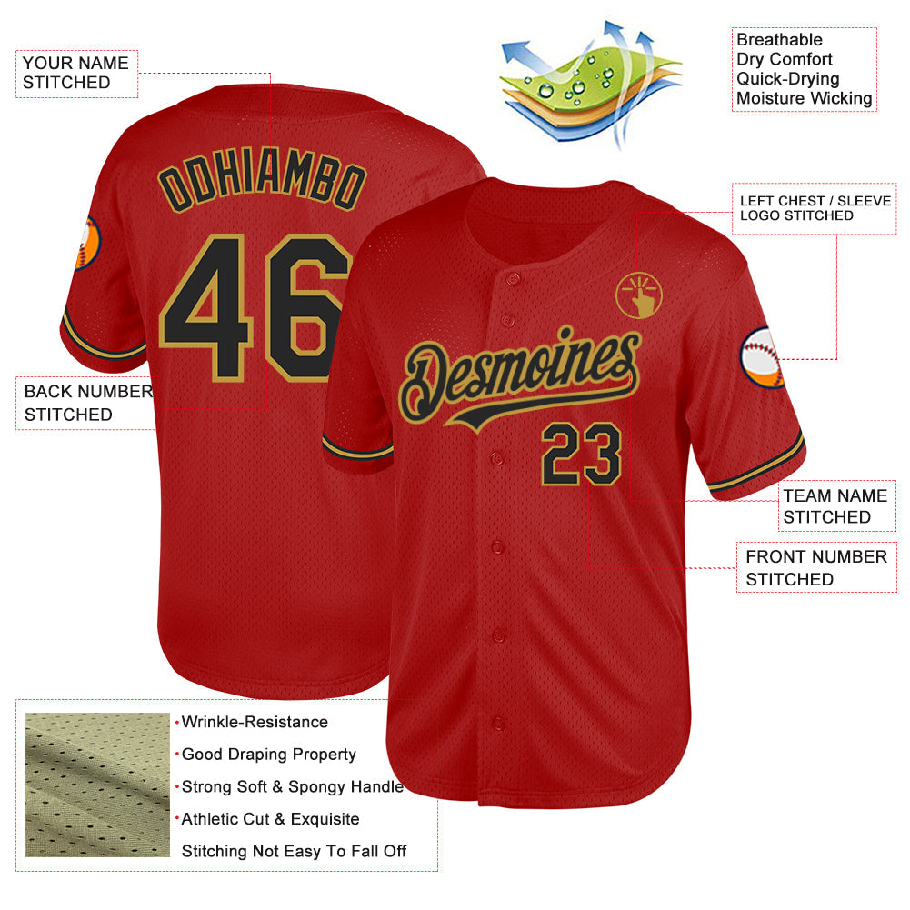 Custom Red Black-Old Gold Mesh Authentic Throwback Baseball Jersey view 3