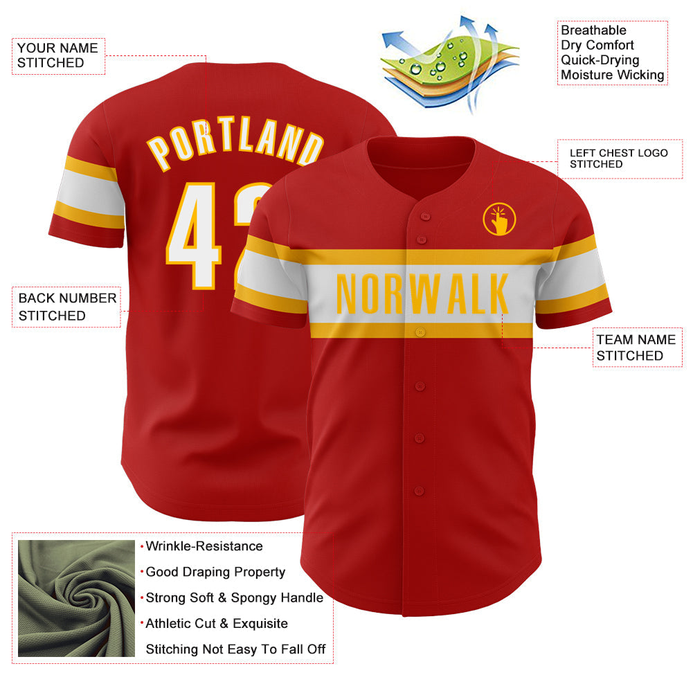 Custom Red White-Gold Authentic Baseball Jersey view 3