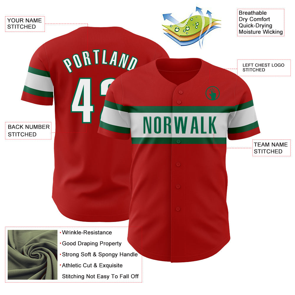 Custom Red White-Kelly Green Authentic Baseball Jersey view 3