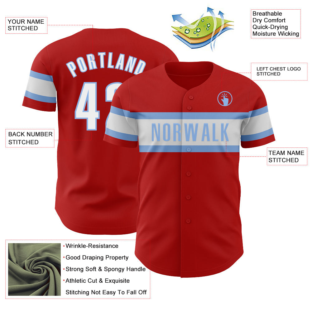 Custom Red White-Light Blue Authentic Baseball Jersey view 3