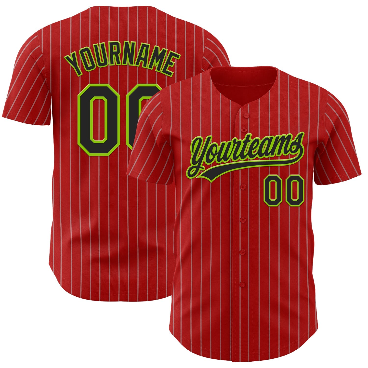 Custom Red Gray Pinstripe Black-Neon Green Authentic Baseball Jersey - Main View