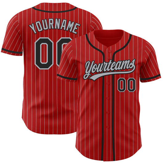 Custom Red Gray Pinstripe Black Authentic Baseball Jersey - Main View