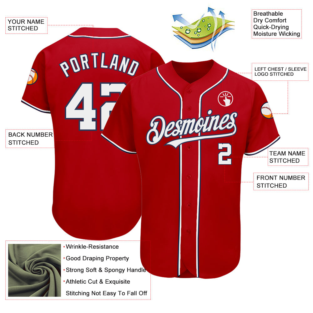 Custom Red White-Navy Authentic Baseball Jersey view 4