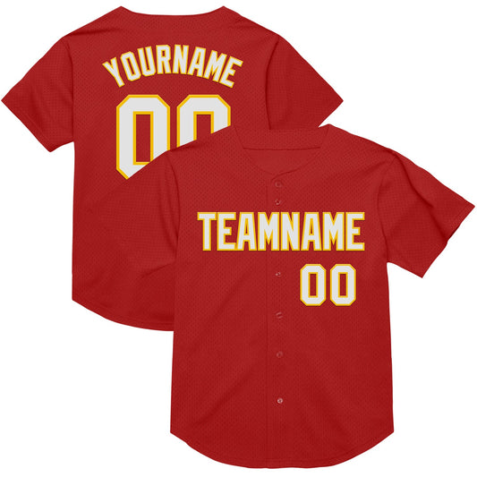 Custom Red White-Yellow Mesh Authentic Throwback Baseball Jersey - Main View