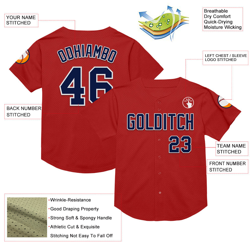 Custom Red Navy-White Mesh Authentic Throwback Baseball Jersey view 3
