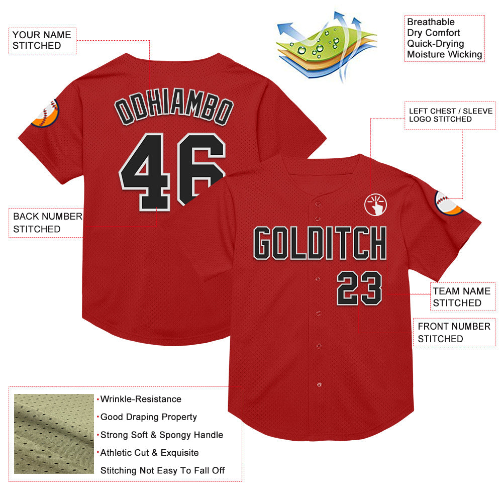 Custom Red Black-White Mesh Authentic Throwback Baseball Jersey view 3