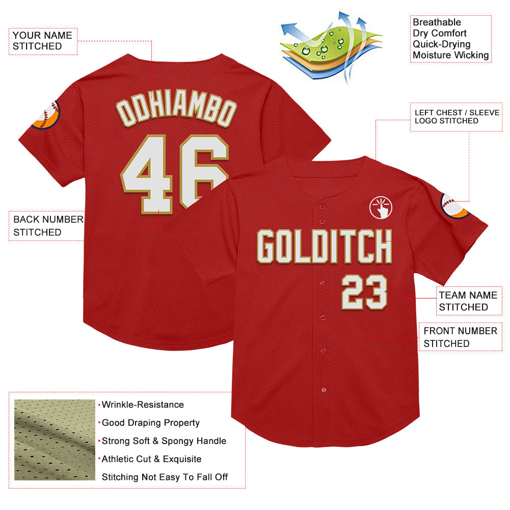 Custom Red White-Old Gold Mesh Authentic Throwback Baseball Jersey view 3