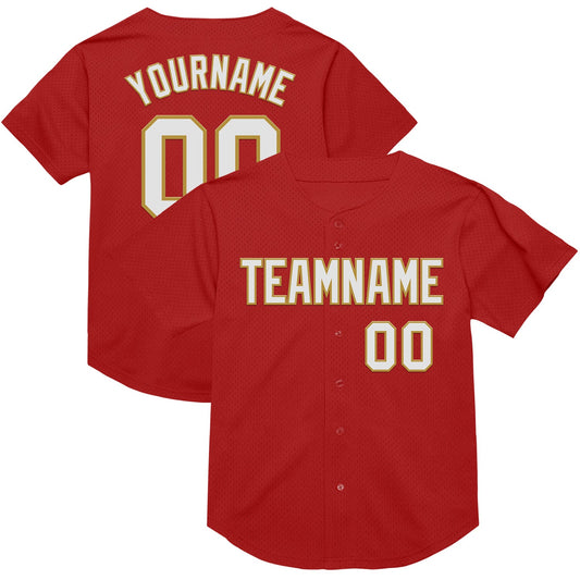 Custom Red White-Old Gold Mesh Authentic Throwback Baseball Jersey - Main View
