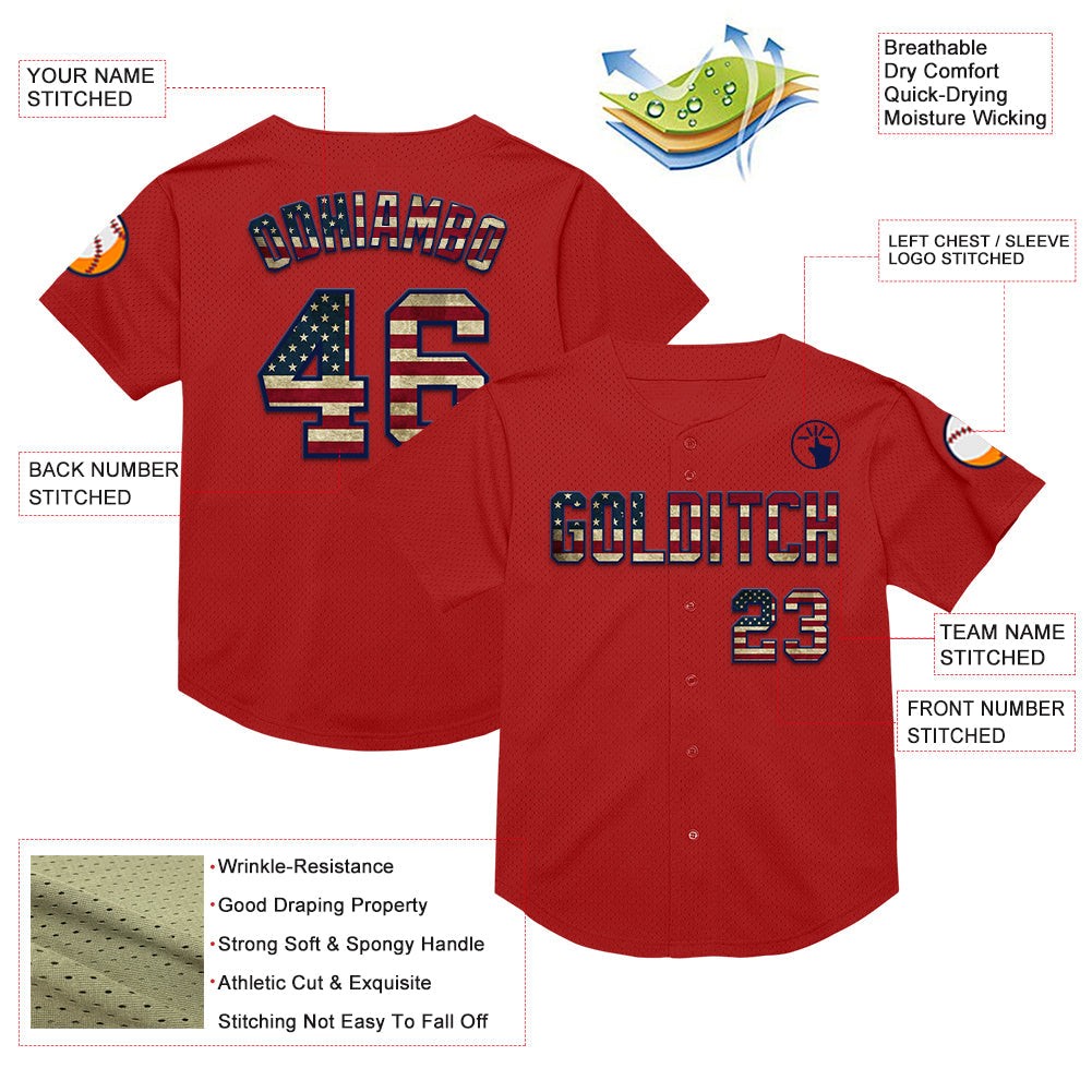 Custom Red Vintage USA Flag-Navy Mesh Authentic Throwback Baseball Jersey view 3