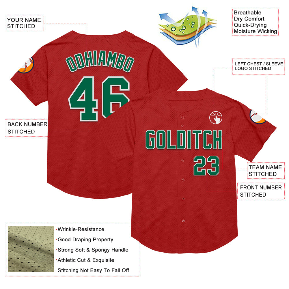 Custom Red Kelly Green-White Mesh Authentic Throwback Baseball Jersey view 3