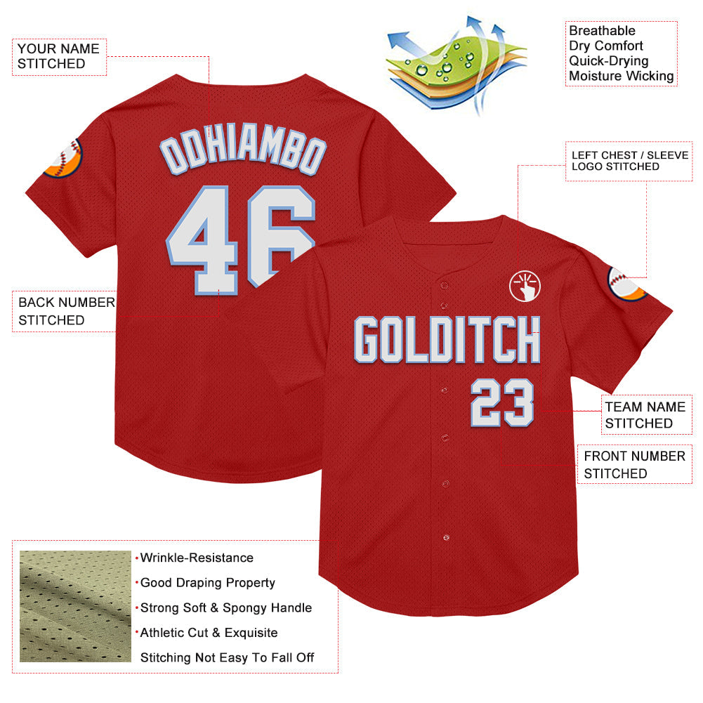 Custom Red White-Light Blue Mesh Authentic Throwback Baseball Jersey view 3