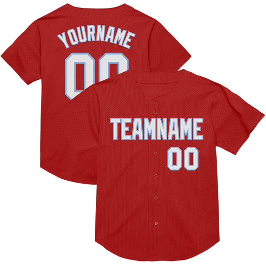 Custom Red White-Light Blue Mesh Authentic Throwback Baseball Jersey - Main View