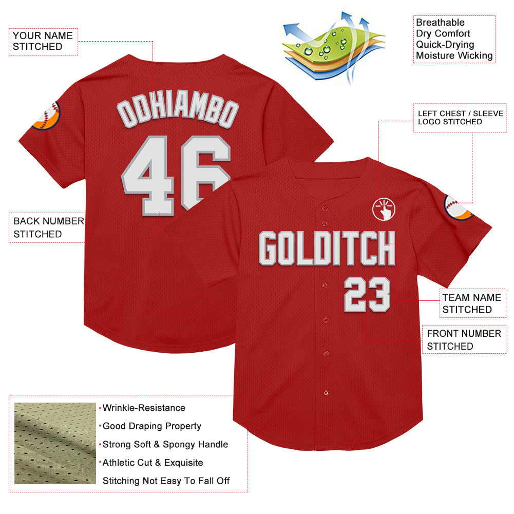 Custom Red White-Gray Mesh Authentic Throwback Baseball Jersey view 3