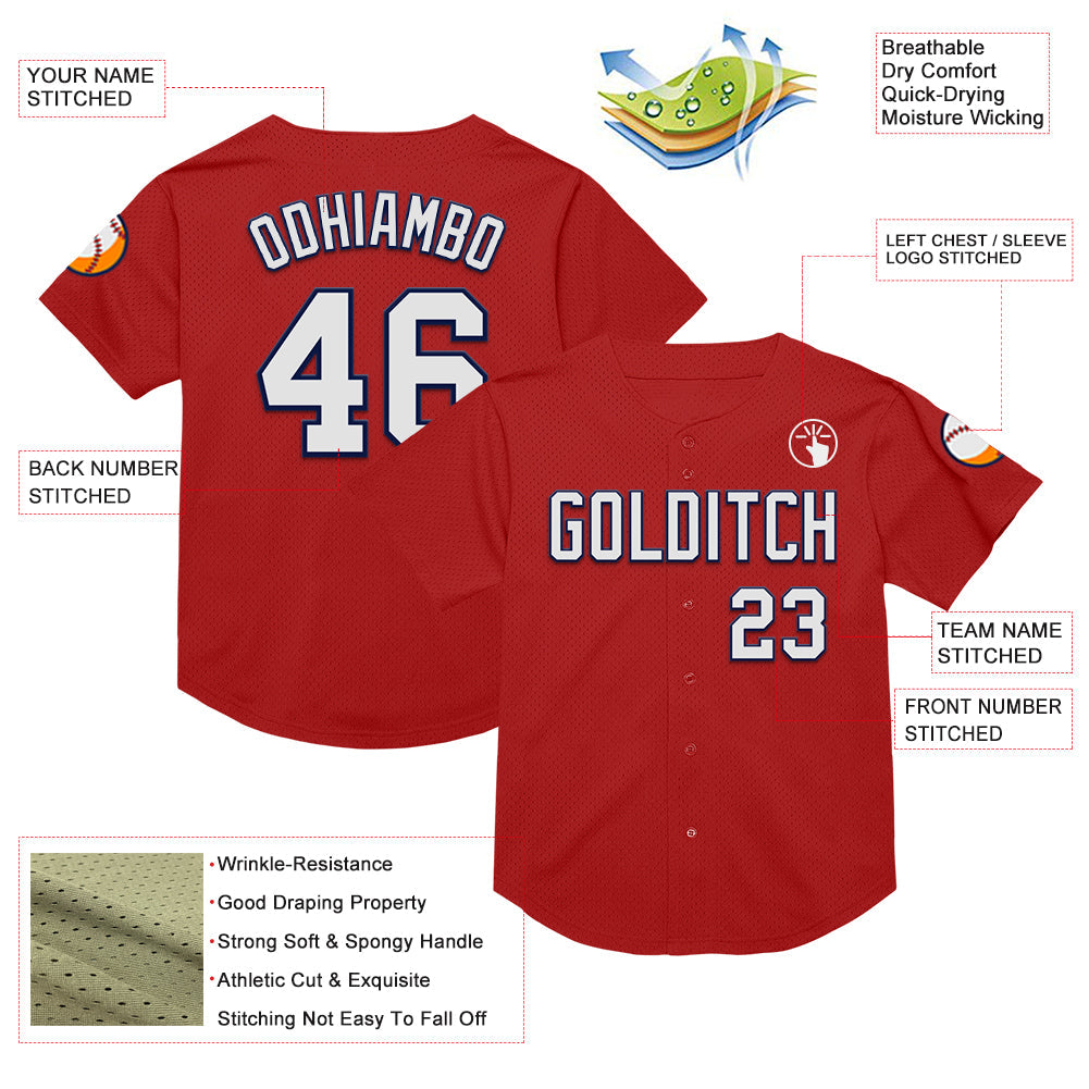 Custom Red White-Navy Mesh Authentic Throwback Baseball Jersey view 3