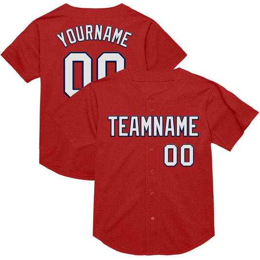 Custom Red White-Navy Mesh Authentic Throwback Baseball Jersey - Main View
