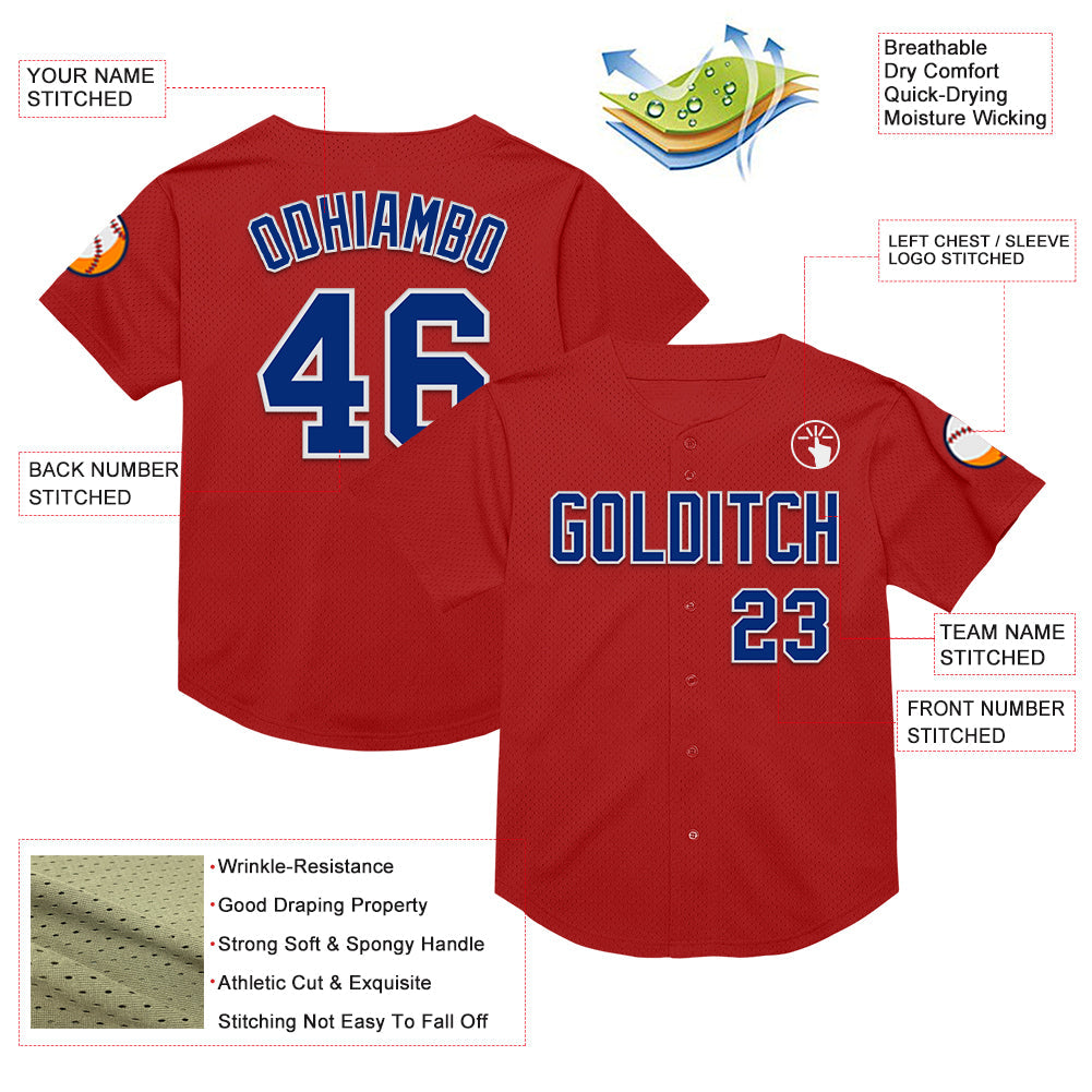 Custom Red Royal-White Mesh Authentic Throwback Baseball Jersey view 3
