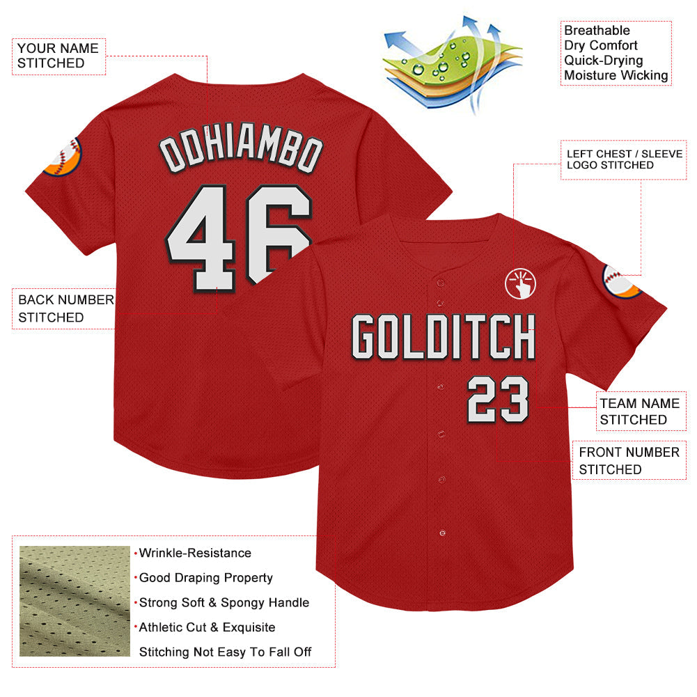 Custom Red White-Black Mesh Authentic Throwback Baseball Jersey view 3