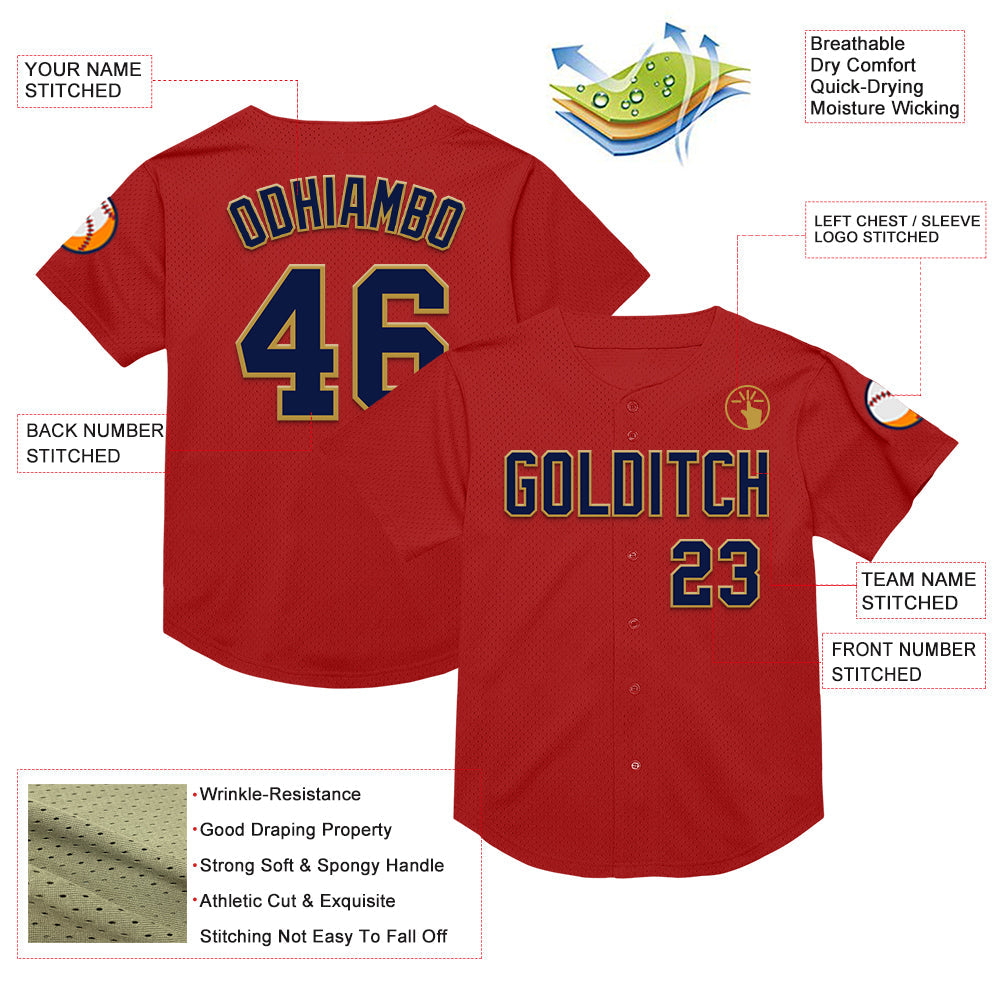Custom Red Navy-Old Gold Mesh Authentic Throwback Baseball Jersey view 3