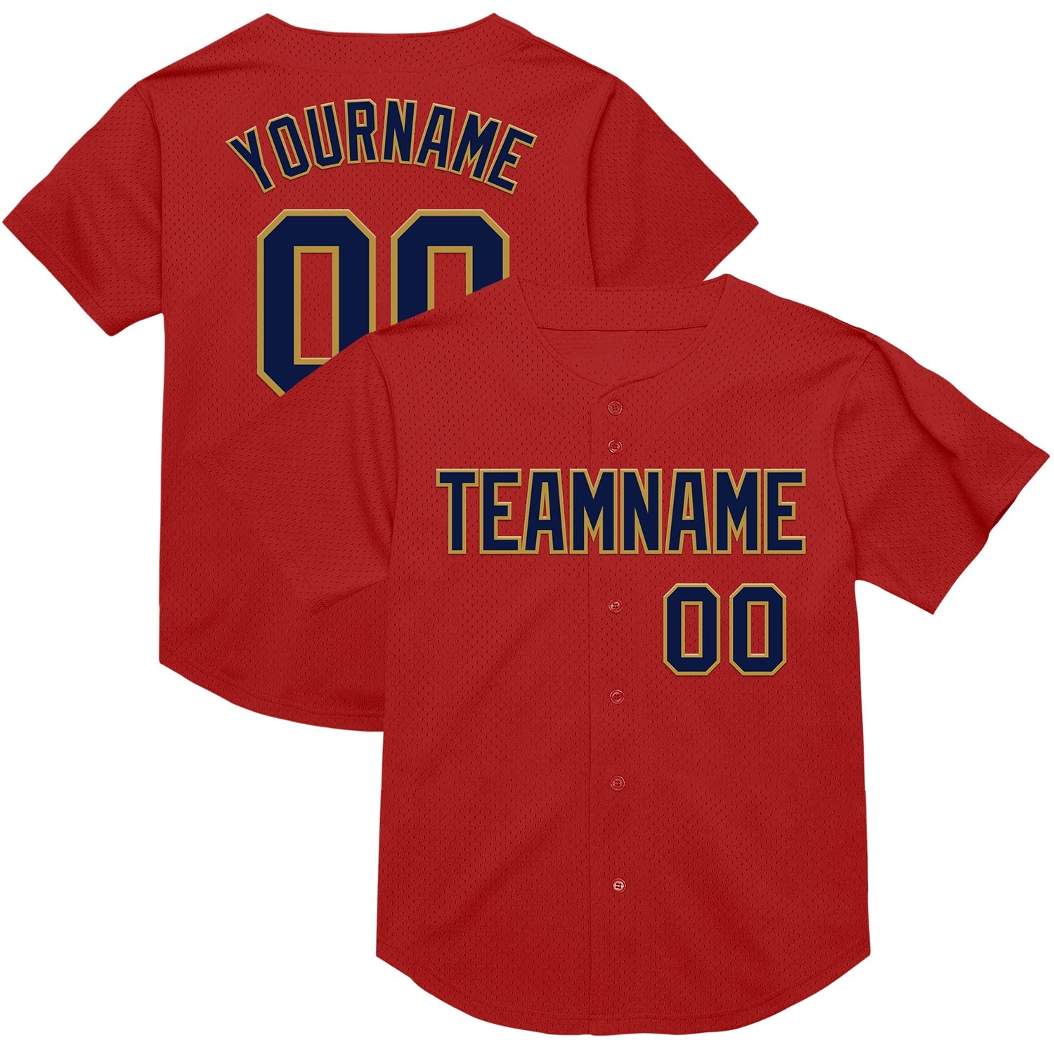 Custom Red Navy-Old Gold Mesh Authentic Throwback Baseball Jersey - Main View