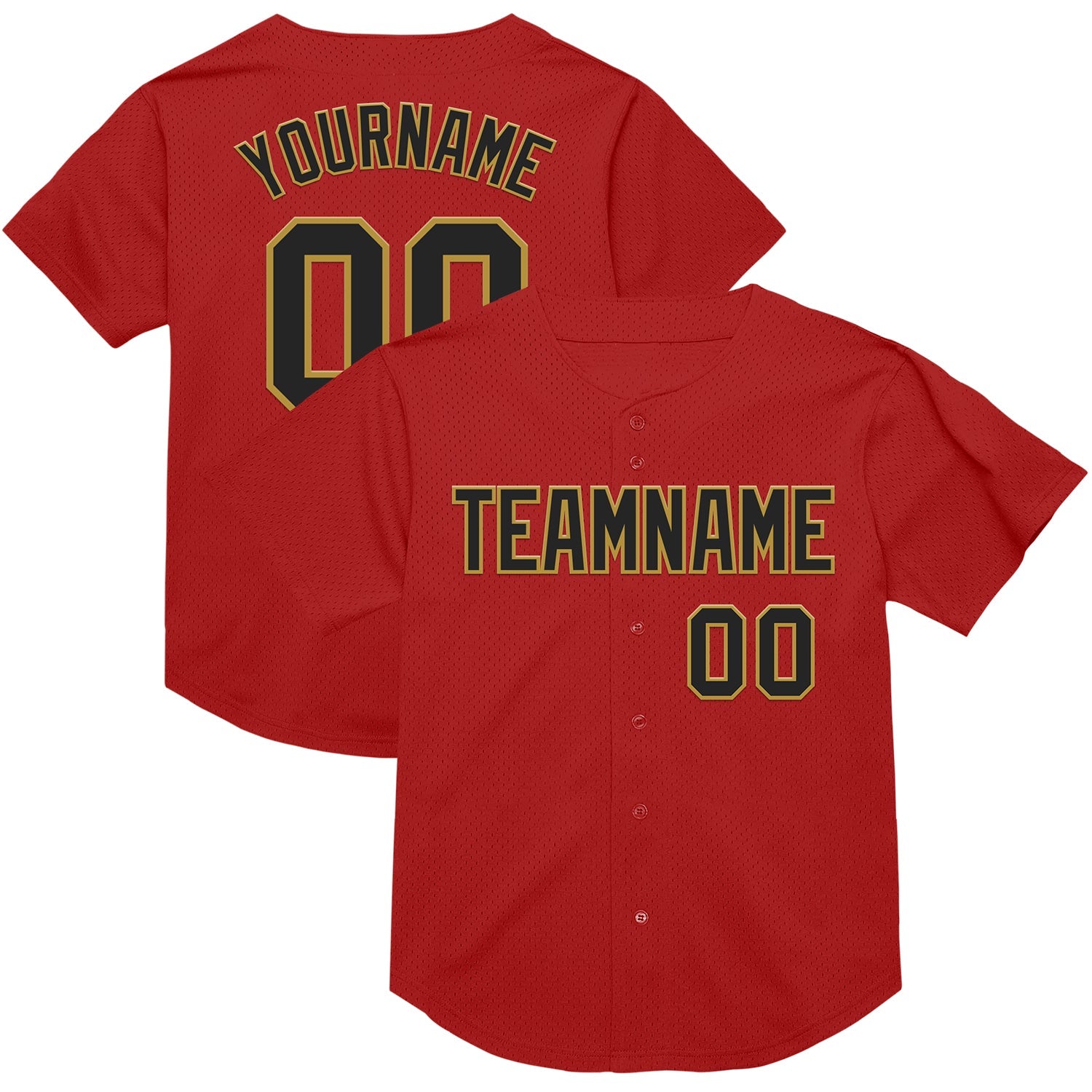 Custom Red Black-Old Gold Mesh Authentic Throwback Baseball Jersey - Main View
