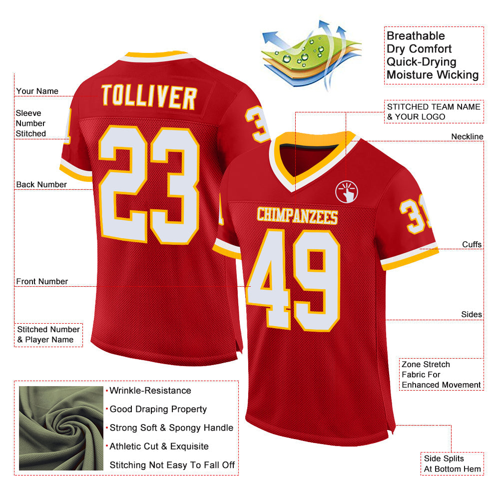 Custom Red White-Gold Mesh Authentic Throwback Football Jersey view 2