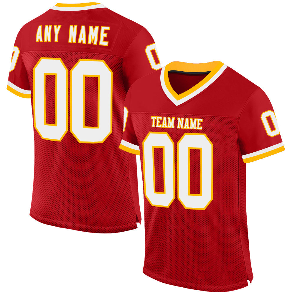 Custom Red White-Gold Mesh Authentic Throwback Football Jersey - Main View