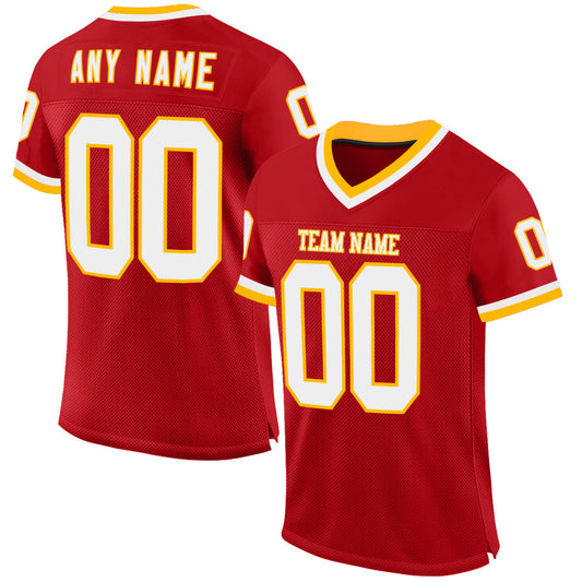 Custom Red White-Gold Mesh Authentic Throwback Football Jersey - Main View
