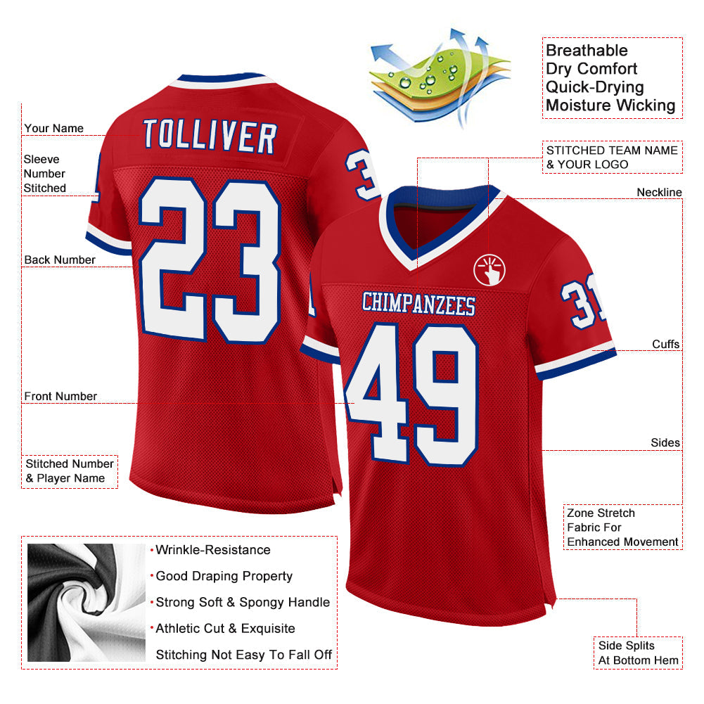 Custom Red White-Royal Mesh Authentic Throwback Football Jersey view 2