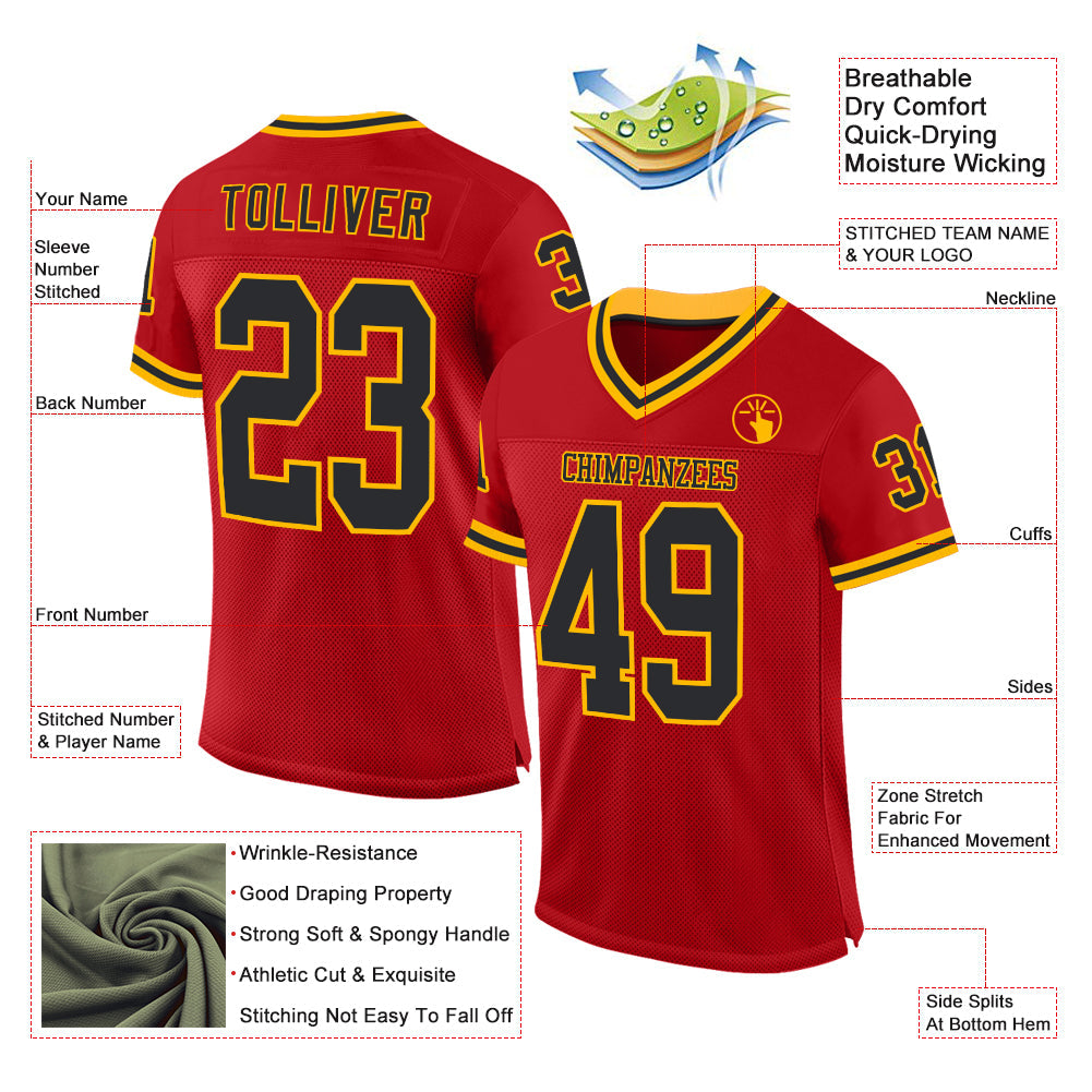 Custom Red Black-Gold Mesh Authentic Throwback Football Jersey view 2