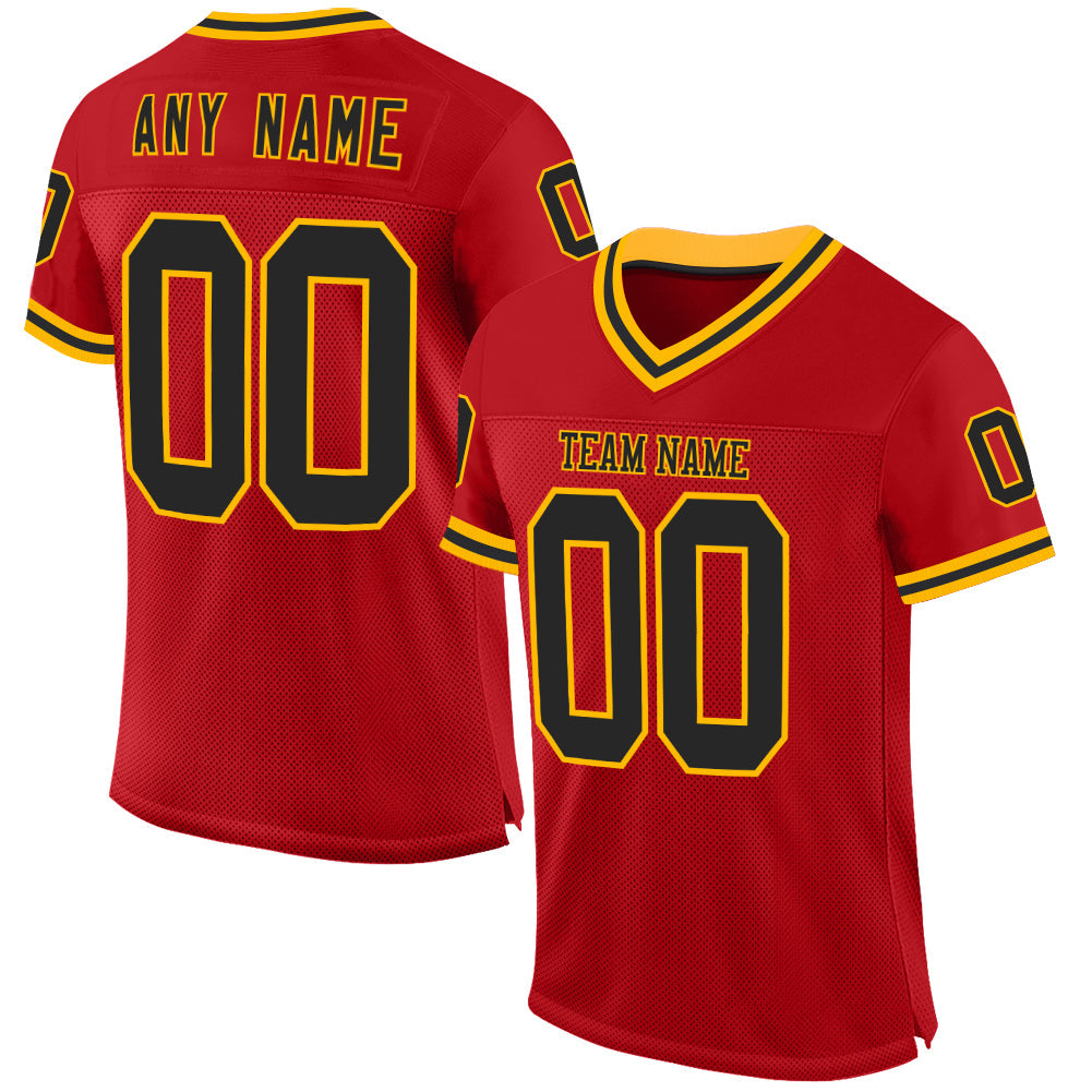 Custom Red Black-Gold Mesh Authentic Throwback Football Jersey - Main View