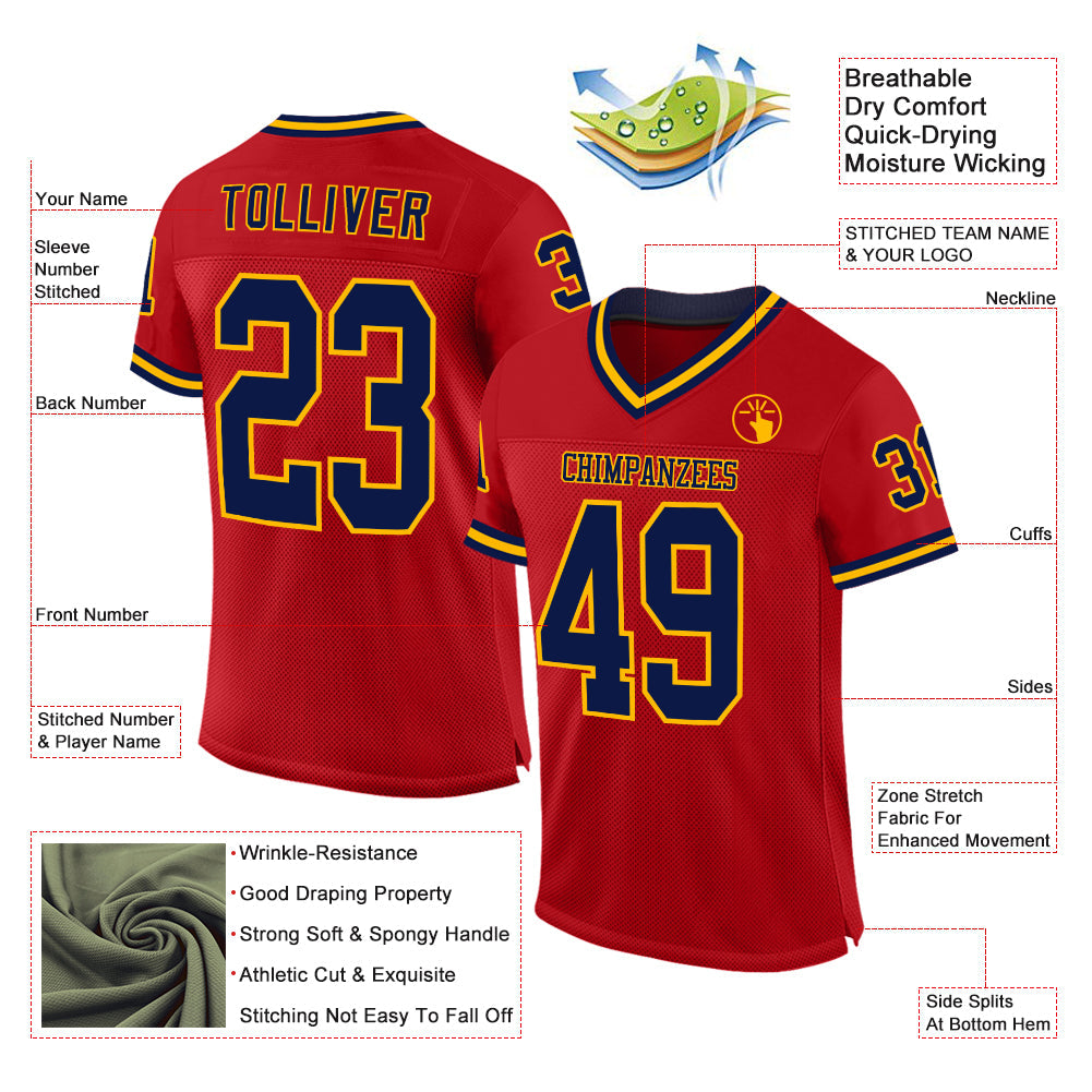 Custom Red Navy-Gold Mesh Authentic Throwback Football Jersey view 2