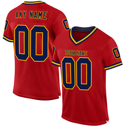 Custom Red Navy-Gold Mesh Authentic Throwback Football Jersey - Main View