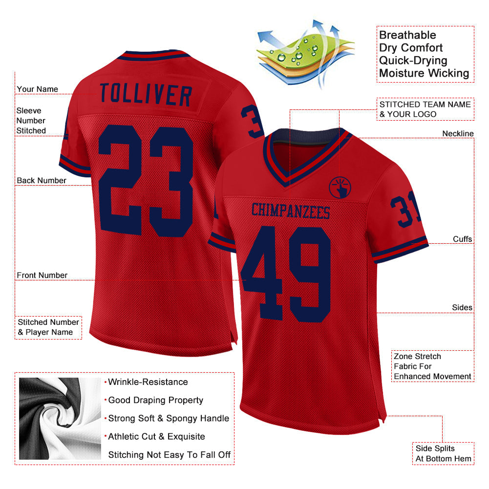 Custom Red Navy Mesh Authentic Throwback Football Jersey view 2