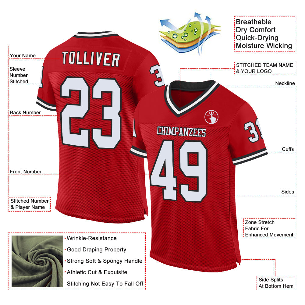 Custom Red White-Black Mesh Authentic Throwback Football Jersey view 2