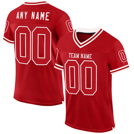 Custom Red White Mesh Authentic Throwback Football Jersey - Main View