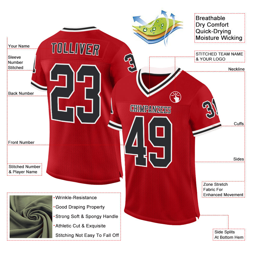 Custom Red Black-White Mesh Authentic Throwback Football Jersey view 2