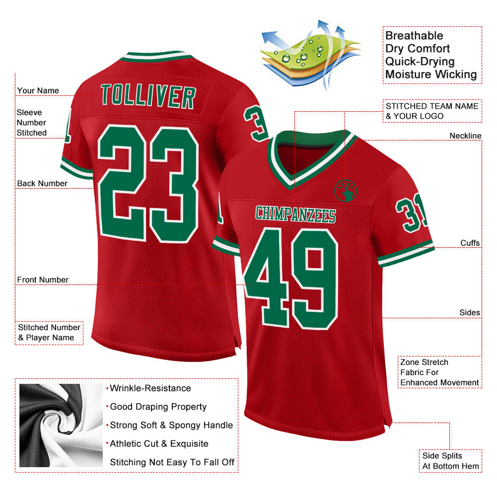 Custom Red Kelly Green-White Mesh Authentic Throwback Football Jersey view 2