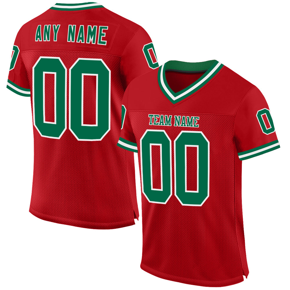 Custom Red Kelly Green-White Mesh Authentic Throwback Football Jersey - Main View
