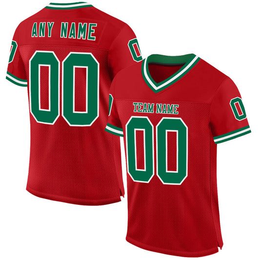 Custom Red Kelly Green-White Mesh Authentic Throwback Football Jersey - Main View