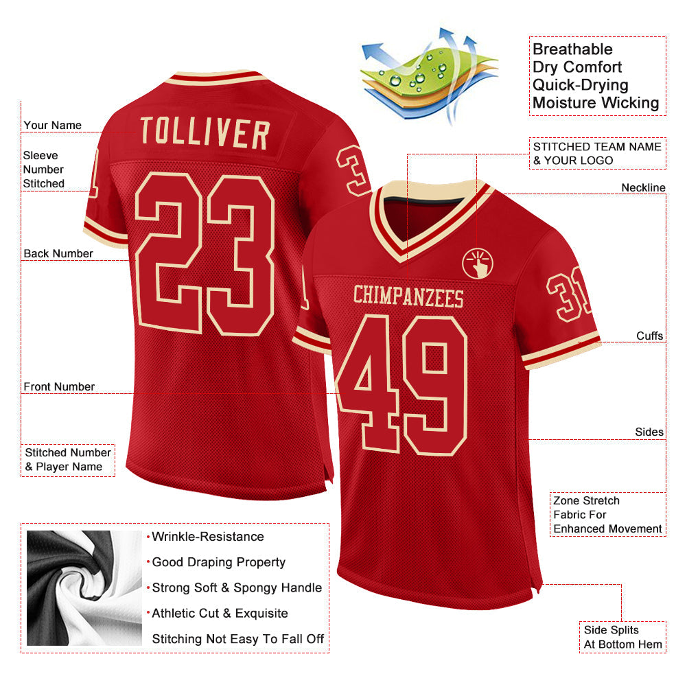 Custom Red Cream Mesh Authentic Throwback Football Jersey view 2