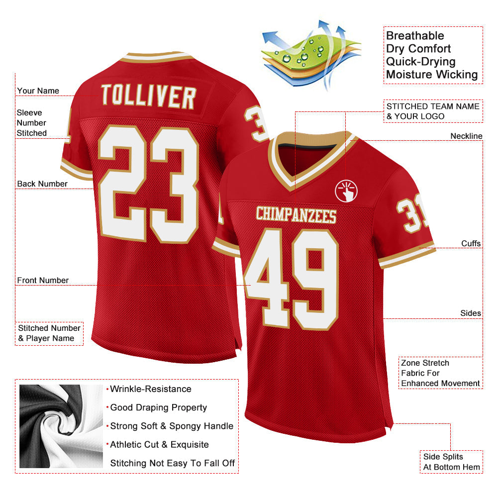 Custom Red White-Old Gold Mesh Authentic Throwback Football Jersey view 2