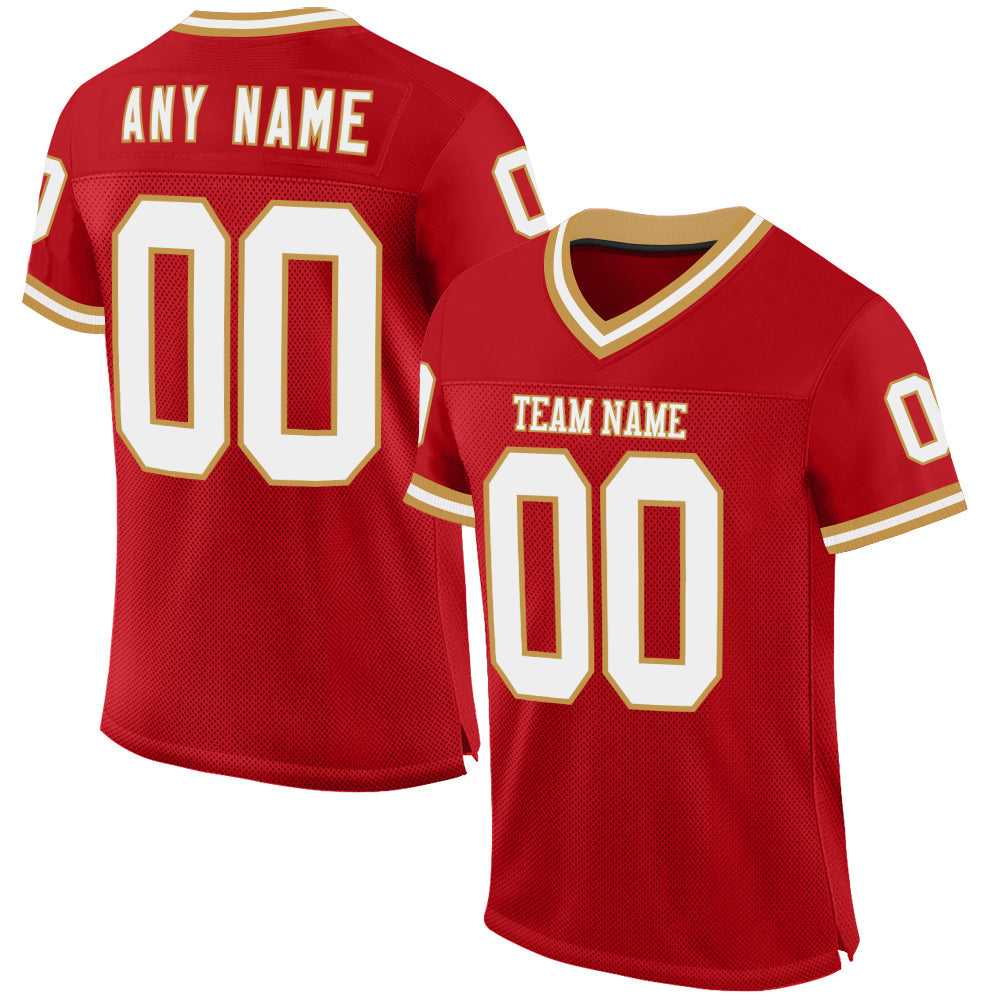 Custom Red White-Old Gold Mesh Authentic Throwback Football Jersey - Main View