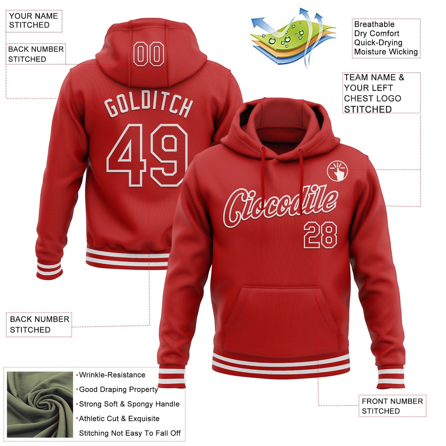Custom Stitched Red White Sports Pullover Sweatshirt Hoodie view 3