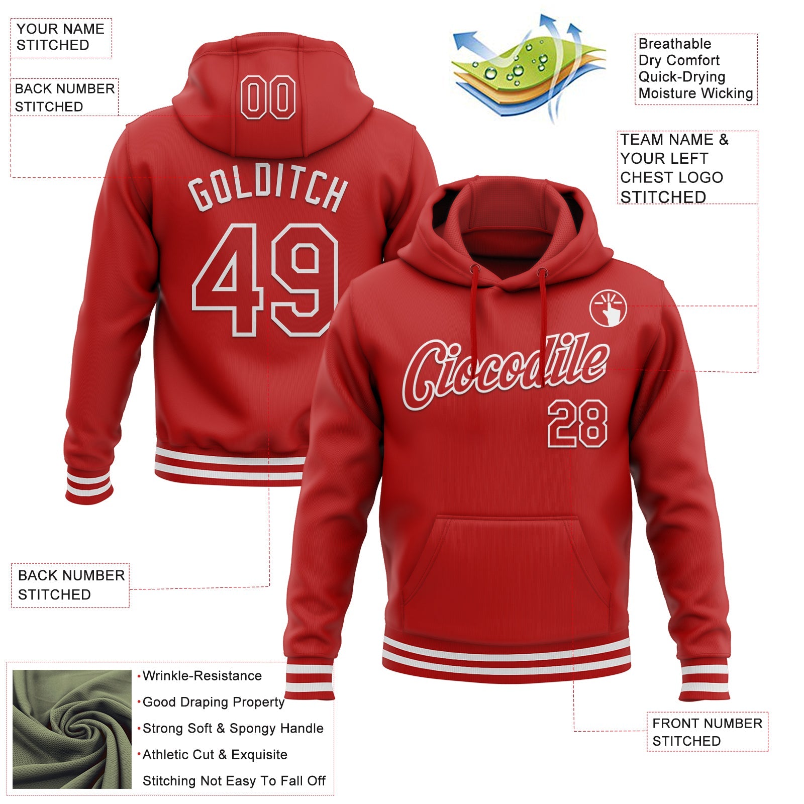 Custom Stitched Red White Sports Pullover Sweatshirt Hoodie view 3