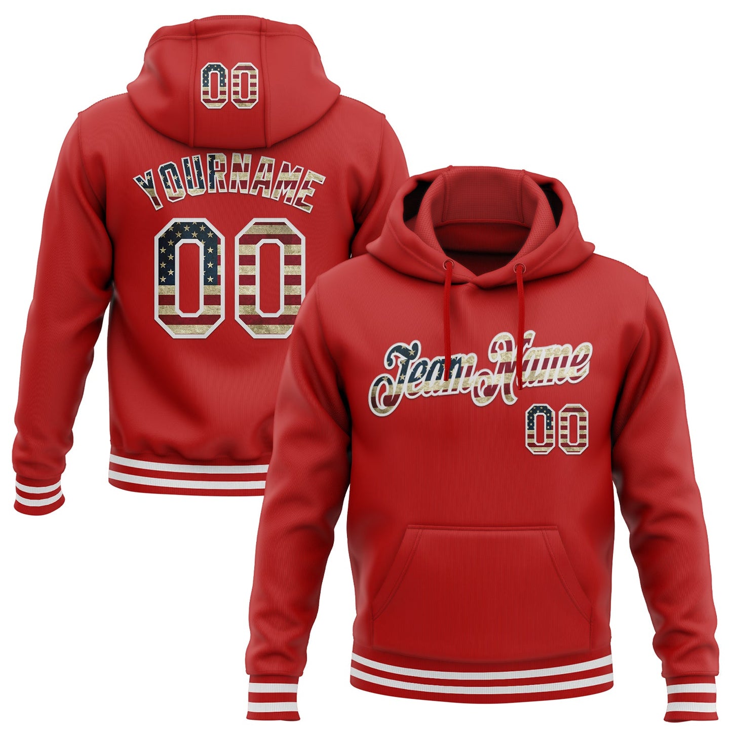 Custom Stitched Red Vintage USA Flag-White Sports Pullover Sweatshirt Hoodie - Main View