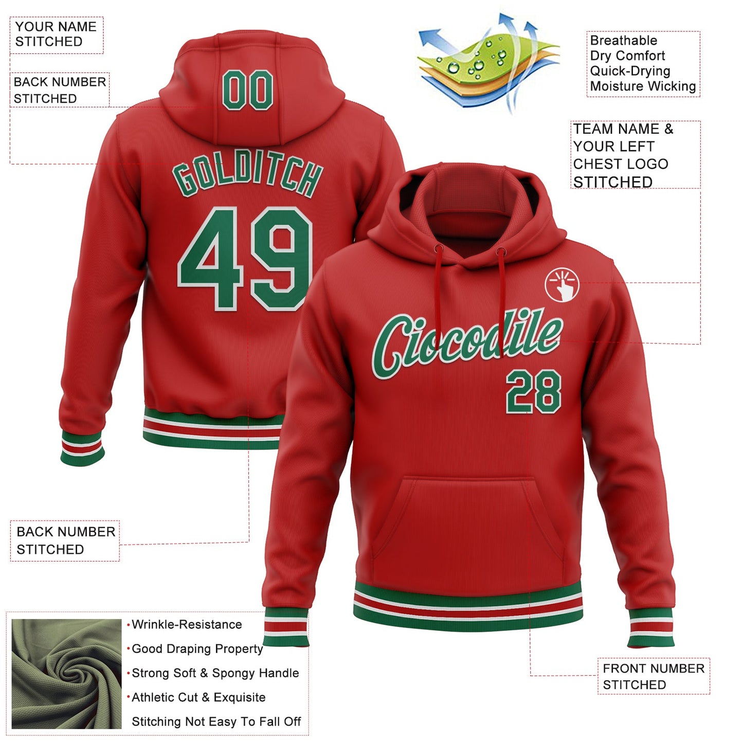 Custom Stitched Red Kelly Green-White Sports Pullover Sweatshirt Hoodie view 3