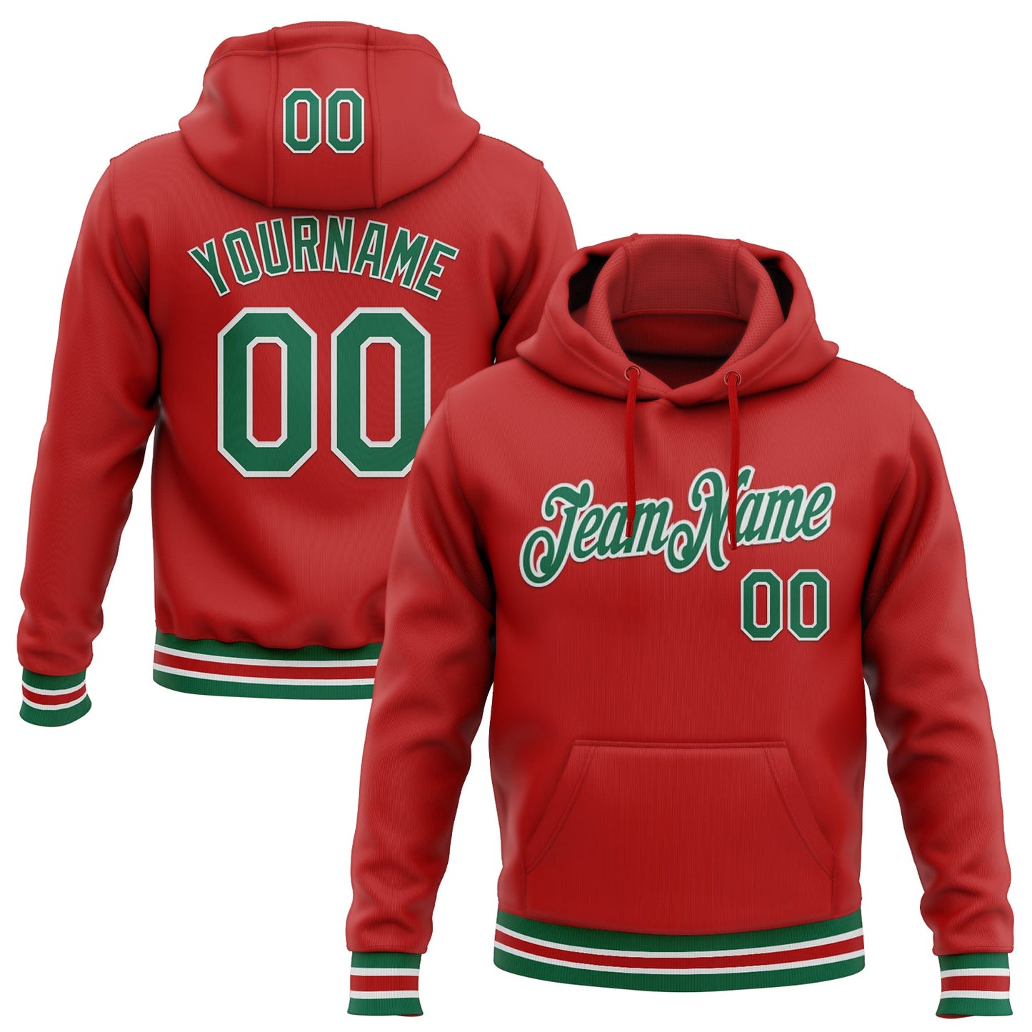 Custom Stitched Red Kelly Green-White Sports Pullover Sweatshirt Hoodie - Main View