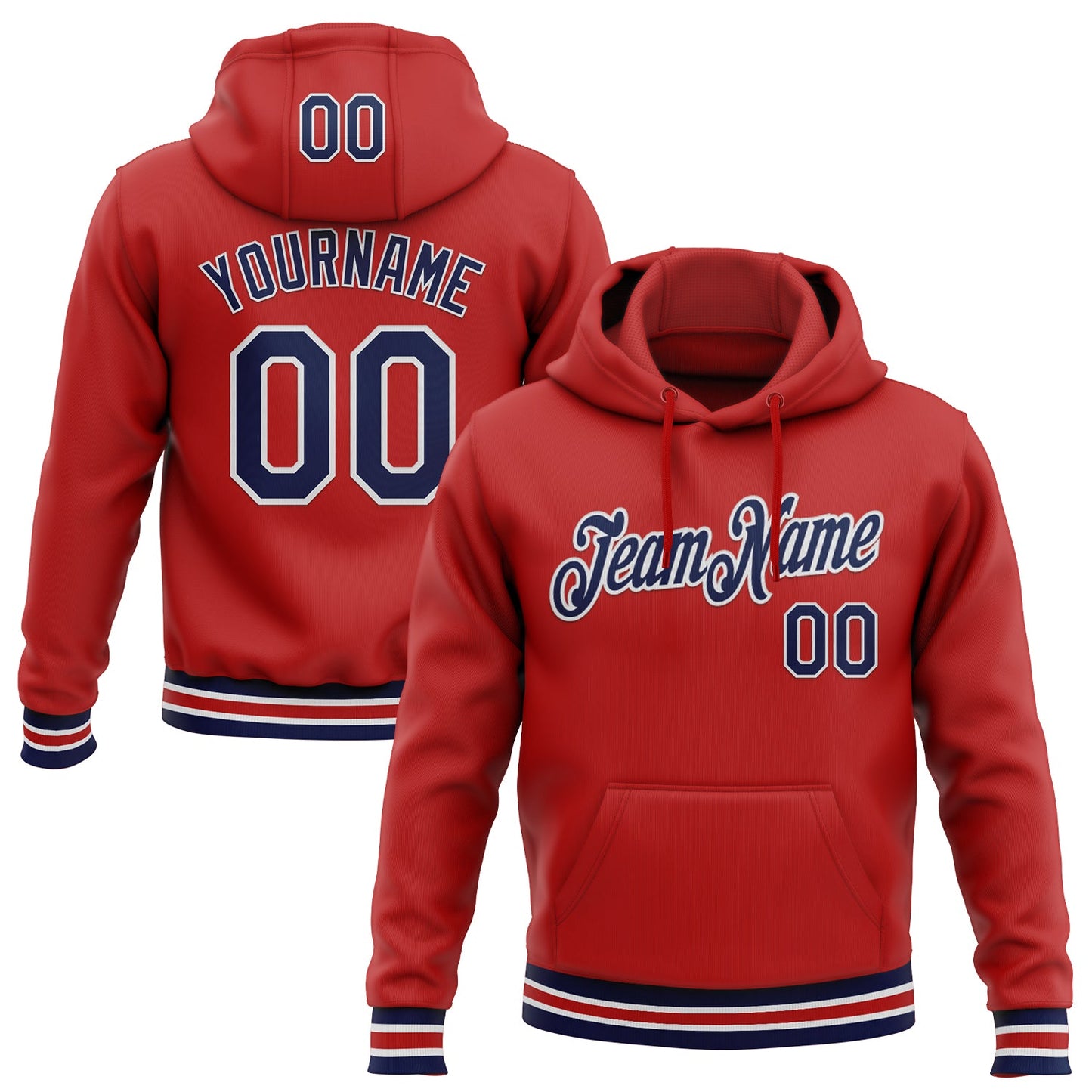 Custom Stitched Red Navy-White Sports Pullover Sweatshirt Hoodie - Main View