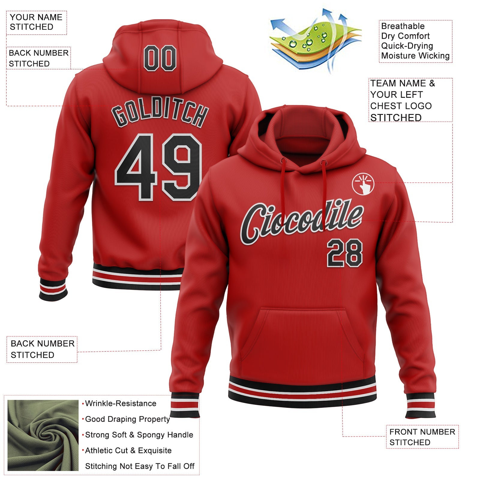 Custom Stitched Red Black-White Sports Pullover Sweatshirt Hoodie view 3